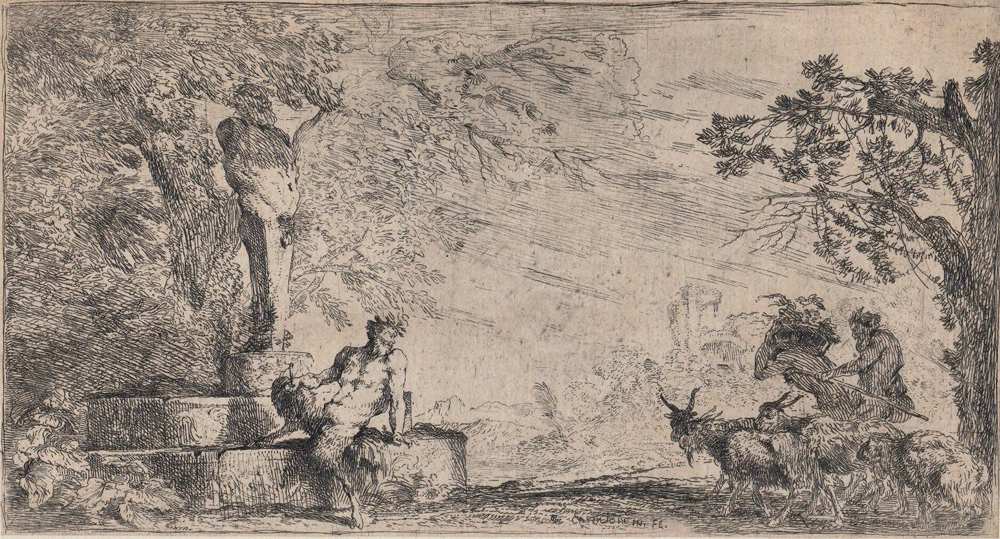 A Satyr Seated Beside a Statue of Priapus - Giovanni Benedetto Castiglione called