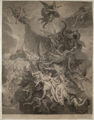 Michael defeats the dragon in the Seven Heads and his rebellious angels (Apcalypse 12) - Loir - Le Brun