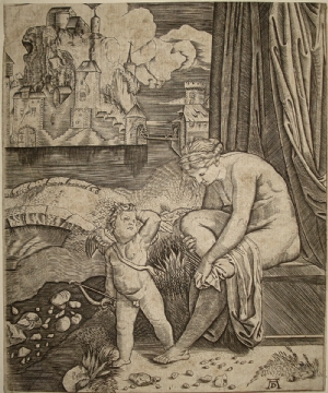 Venus dries out of the bathroom with Cupid - Agostino Musi (probably) after Marcantonio Raimondi after Raffaello