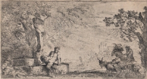 A Satyr Seated Beside a Statue of Priapus - Giovanni Benedetto Castiglione called